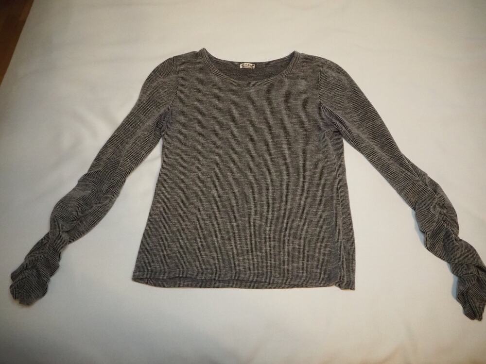 Free People Womens L Charcoal Ribbed Long Sleeve Top Braided Twist Sleeves Boho